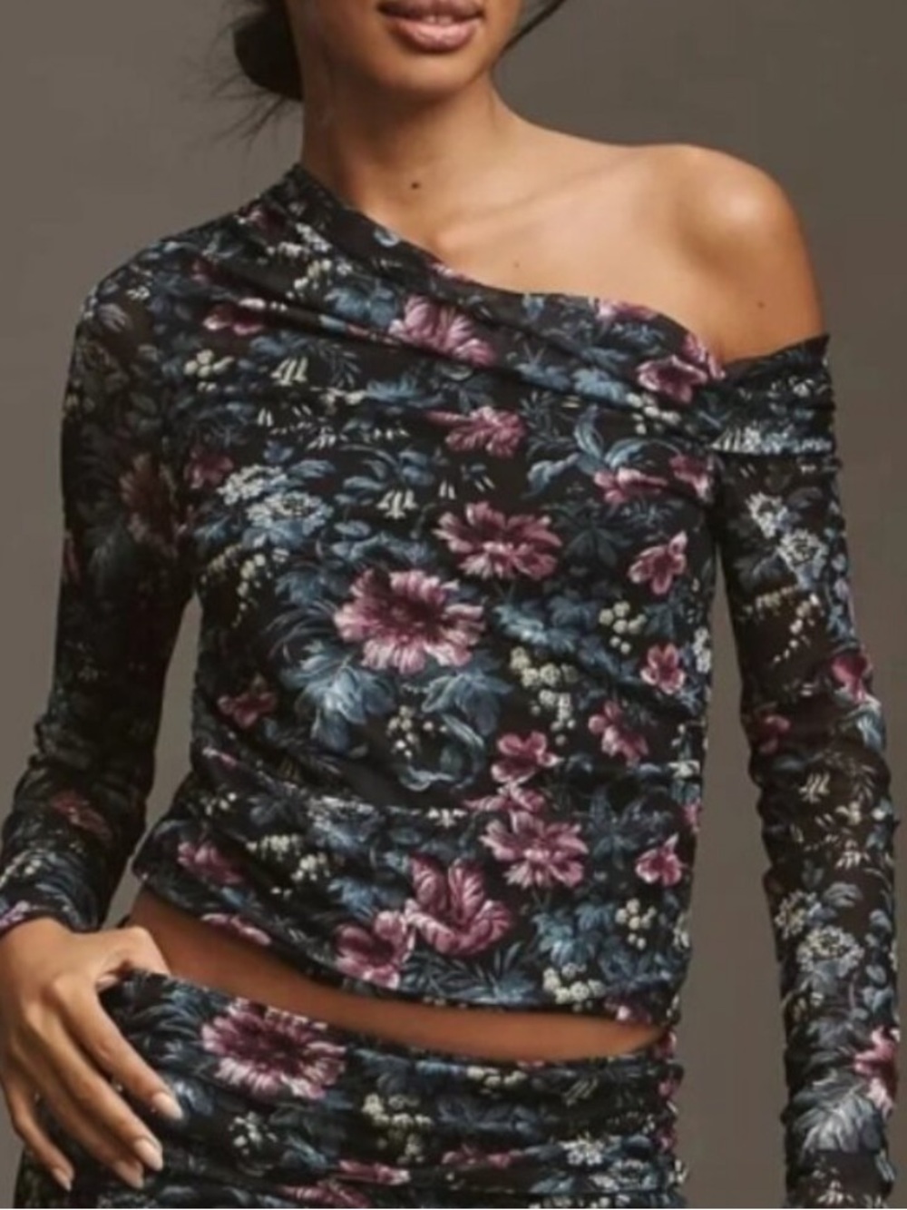 NWT Anthropologie Floral Asymmetrical Off Shoulder Long Sleeve Size XS